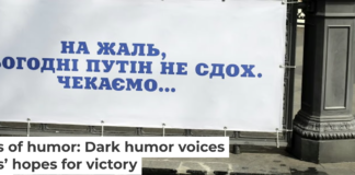 A banner reading, ‘Regrettably, Putin did not die today. We are waiting …’ hangs in the City Garden of Odesa, Ukraine, on April 1, 2023. Viacheslav Onyshchenko/Global Images Ukraine via Getty Images News